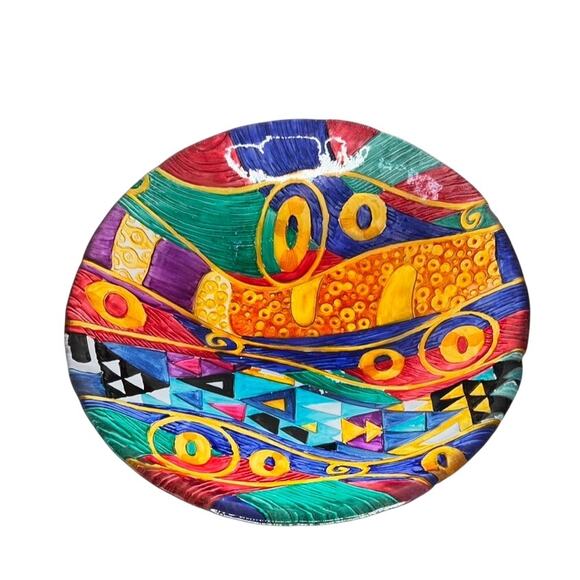 VTG Postmodern Gustav Klimt Inspired Hand Painted Art Glass Abstract Bowl - Picture 2 of 7